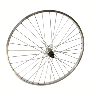 Achterwiel 28x1 5/8x1 3/8 aluminium velg zilver. uitval cassette naaf, 8/9/10 speed, spaak 14