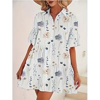 Dames Shirtjurk Witte Boho-jurk Mini-jurk Dagelijks Vakantie Strand Polyester Elegant Modieus Overhemdkraag nappi Afdrukken Korte mouw Zomer Lente Normale pasvorm Tropisch Lightinthebox - thumbnail