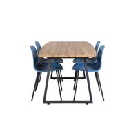 IncaNABL eethoek eetkamertafel uitschuifbare tafel lengte cm 160 / 200 el hout decor en 4 Arctic eetkamerstal blauw,