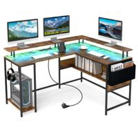 L-vormige Tafel met LED-Verlichting en Stopcontacten Computerbureau met Monitorstandaard Hoektafel met Metalen Frame Bruin