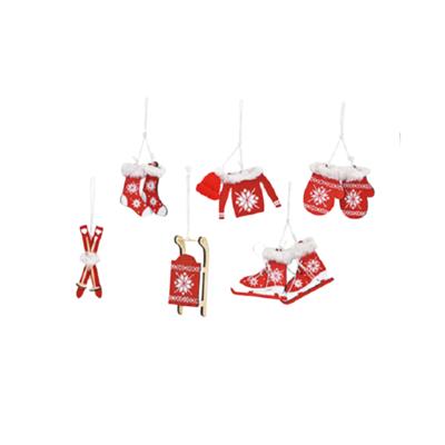 6x stuks houten kersthangers rood/wit wintersport thema kerstboomversiering