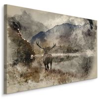 Schilderij - Hert met landschap (print op canvas), bruin, premium print