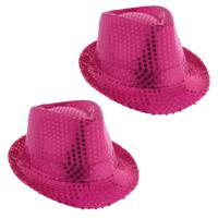 Carnaval verkleed Trilby hoedje met glitter pailletten - 2x - roze - polyester - heren/dames - thumbnail