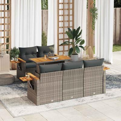 6-delige Loungeset met kussens poly rattan acacia grijs