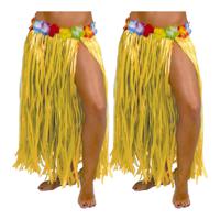 Hawaii verkleed rokje - 2x - voor volwassenen - geel - 75 cm - rieten hoela rokje - tropisch - thumbnail