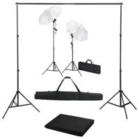 Fotostudioset met achtergrond, lampen en paraplu's