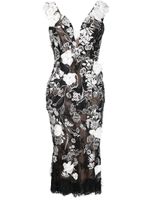 Marchesa robe mi-longue à fleurs appliquées - Noir