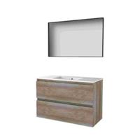 Basic-Line Framed 46 Badkamermeubelset - 100 x 46 cm - Greeploos - 2 Lades - Keramische Wastafel - 1 Kraangat - Spiegel met Zwart Aluminium Frame - Scotch Oak