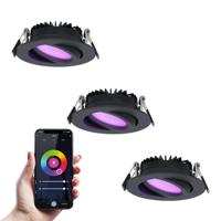 Set van 3 Rome smart inbouwspots - IP44 Waterdicht - 6 Watt 480 lumen - Kantelbaar - Lage inbouwdiepte 27mm - Wifi + Bluetooth - RGBWW - Google Home, Amazon Alexa en Siri - Zwart - Voor binnen en buiten