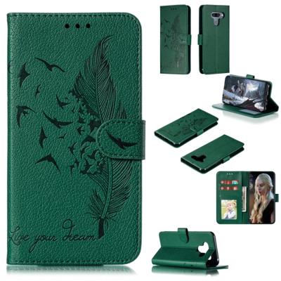 Feather patroon Litchi textuur horizontale Flip lederen draagtas met portemonnee & houder & kaartsleuven voor LG K50 (groen)