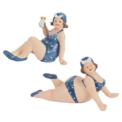 Woonkamer decoratie beeldjes set van 2 dikke dames - donkerblauw badpak - 17 cm Woonkamer decoratie beeldjes set van 2 dikke dames - donkerblauw badpak - 17 cm