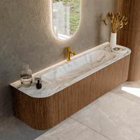 Mondiaz KURVE-DLUX 170 cm Onderkast Greeploos 1 Lade Met Deuren Walnut, Wastafel Solid Surface Midden Glace 1 Kraangat Zonder Spiegel (KRVBGL170L+R1L2D1KM-Wal/Gla)