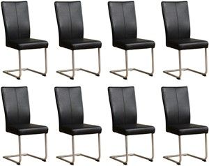 Set van 8 Zwarte leren industriële eetkamerstoelen Dry - poot rond rvs - Toledo Leer Nero (zwart leer)