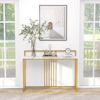 120 cm Lange Toegangstafel Consoletafel met Imitatiemarmer Blad en Verguld Metalen Onderstel Moderne Bijzettafel Anti-Kantelset Wit