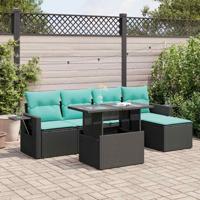 6-delige Loungeset met kussens poly rattan acacia zwart