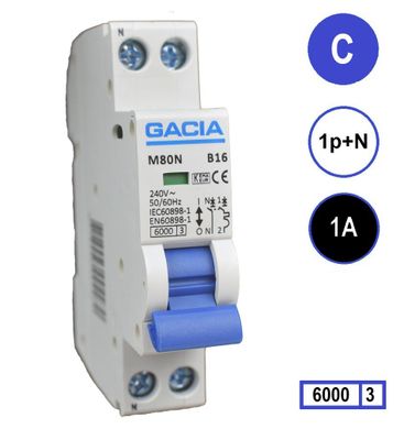 1A GACIA installatieautomaat M80N-C01 1p+n C1 6kA (18mm)