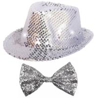 Carnaval verkleed set hoed met strikje zilver glitters - thumbnail