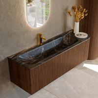 Badmeubel Mondiaz Kurve-Dlux | 145 cm | Meubelkleur Walnut | Wastafelkleur Lava | Solid surface | Links spoelbak | 1 kraangat