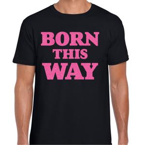 Gay Pride T-shirt heren - born this way - zwart - glitter roze - LHBTI