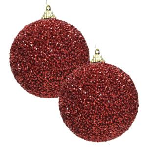 Kerstbal - 2x - rood - glitter - D8 cm - kunststof - onbreekbaar - kerstversiering