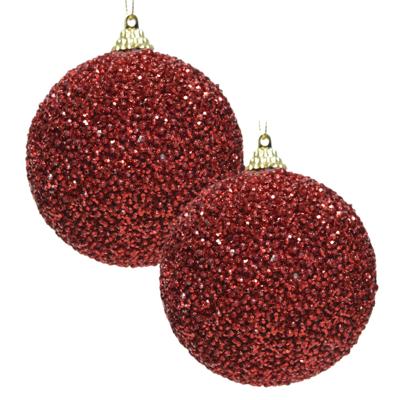 Kerstbal - 2x - rood - glitter - D8 cm - kunststof - onbreekbaar - kerstversiering