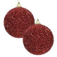 Kerstbal - 2x - rood - glitter - D8 cm - kunststof - onbreekbaar - kerstversiering