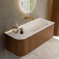 Mondiaz KURVE 115 cm Onderkast Greeploos 1 Lade Met Deuren Walnut, Wastafel Solid Surface Rechts Talc 0 Kraangaten Zonder Spiegel (KRVBGS115L1L1D0KR-Wal/Tal)