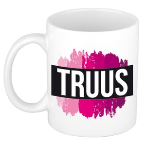 Naam cadeau mok / beker Truus  met roze verfstrepen 300 ml   -