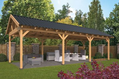 Tuindeco Hamar XL Overkapping type 5 990x445 cm Lariks/Douglashout blank- Zadeldak- Onbehandeld lariks Douglas hout- Tuindeco