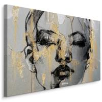 Schilderij - Vrouw omringt door Goud, zwart/grijs, Premium Print - 70x50cm