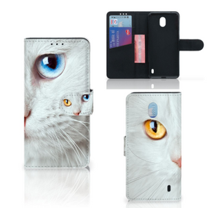 Nokia 1 Plus Telefoonhoesje met Pasjes Witte Kat