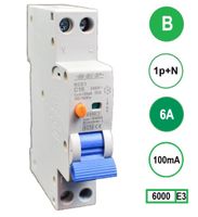 Aardlekautomaat 6A B Kar 100mA 2 polig 18mm breed Kema Keur 230V automaat en aardlek in een module