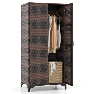 Rieten Kledingkast met 2 Deuren 157 cm Hoge PE Rotan Kledingkast met Kledingstang en 4 Vakken Kledingorganizer