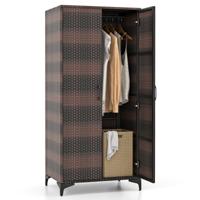 Rieten Kledingkast met 2 Deuren 157 cm Hoge PE Rotan Kledingkast met Kledingstang en 4 Vakken Kledingorganizer