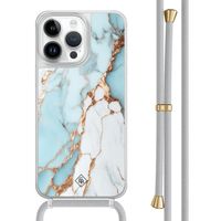 iPhone 13 Pro Max hoesje met grijs koord - Marmer lichtblauw