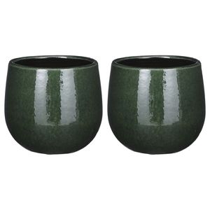 2x Stuks Plantenpot/bloempot keramiek donkergroen speels licht gevlekt patroon - D14/H12 cm