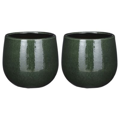 2x Stuks Plantenpot/bloempot keramiek donkergroen speels licht gevlekt patroon - D14/H12 cm