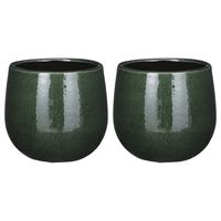 2x Stuks Plantenpot/bloempot keramiek donkergroen speels licht gevlekt patroon - D14/H12 cm