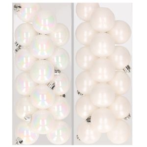 32x stuks kunststof kerstballen mix van parelmoer wit en wit 4 cm