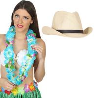 Carnaval verkleedset - Tropical Hawaii party - stro cowboy hoed - en volle bloemenslinger blauw - thumbnail