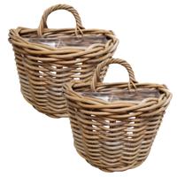 Wandhanger mand - 2x - bruin - 29 x 18 x 20 cm - rotan - gevlochten - voor bloemen/planten