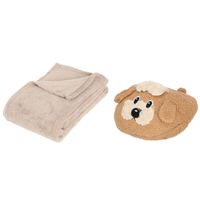 Fleece deken beige 125 x 150 cm met voetenwarmer slof Terrier hond one size