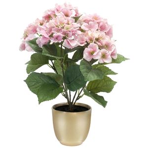 Hortensia kunstplant/kunstbloemen 40 cm - roze - in pot goud mat