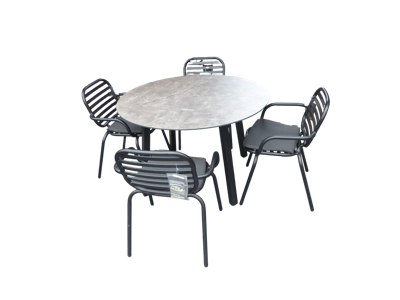 Set van Teeburu tafel 120 cm concrete en 4 Tomo stoelen zwart aluminium - Yoi