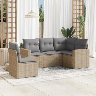 5-delige Loungeset met kussens poly rattan beige