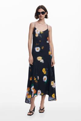 Bloemenjurk met spaghettibandjes van chiffon - BLACK - XS