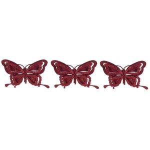 3x Kerstversieringen vlinder op clip glitter bordeaux rood 14 cm   -