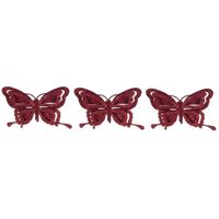3x Kerstversieringen vlinder op clip glitter bordeaux rood 14 cm   -