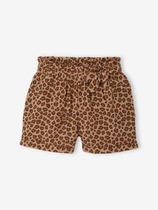 Meisjesshort in "paperbag"-stijl, van katoengaas beige