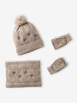 Geborduurde set voor meisjes muts + snood + wanten/handschoenen van opengewerkt breisel goudbeige
